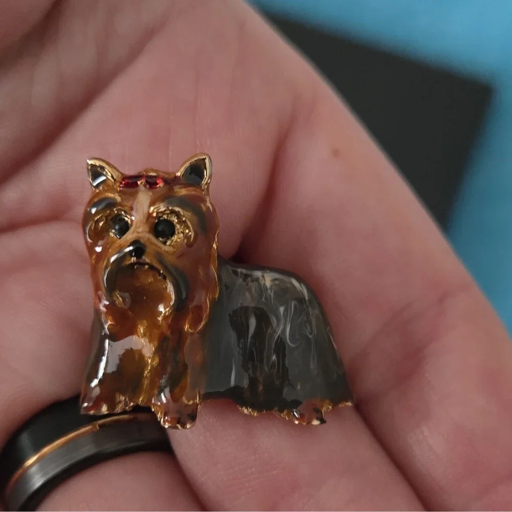 Erwin Pearl Vintage Enamel Yorkie Dog Brooch Pin Yorkshire Terrier Box Pouch